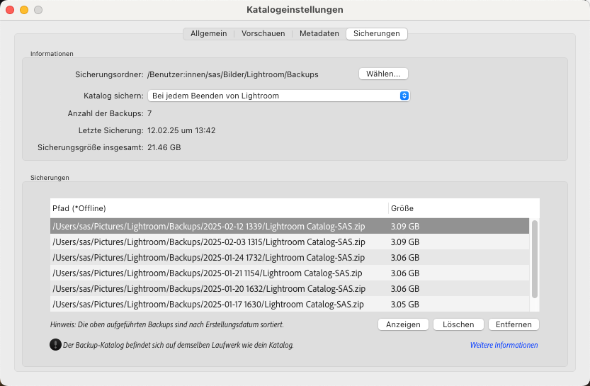 Verwalten von Backups in Lightroom Classic